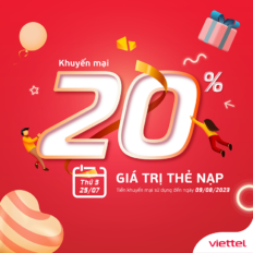 NGÀY 25/07/2023 – VIETTEL KHUYẾN MẠI 20% GIÁ TRỊ THẺ NẠP CHO THUÊ BAO TRẢ TRƯỚC TRÊN TOÀN QUỐC